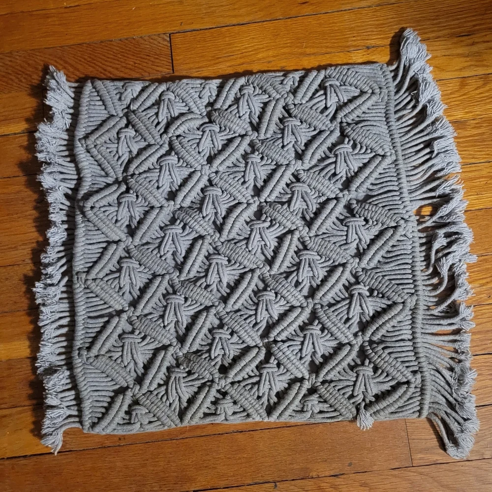 Macramé Fiber Art Hand Made Gray Throw Pillow Cover